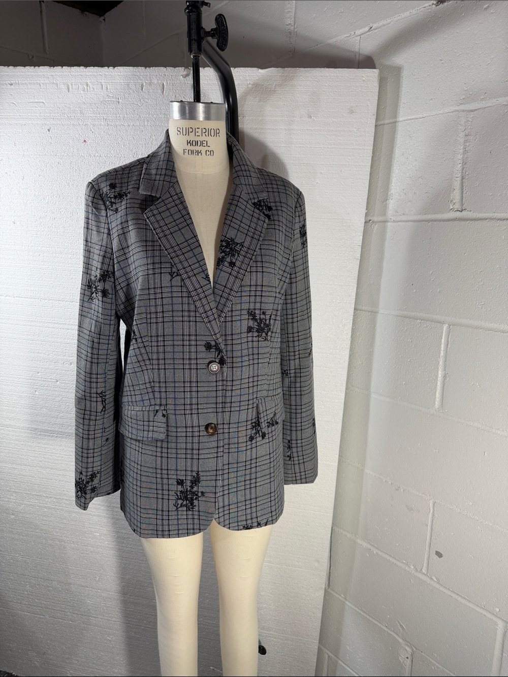 Anthropologie Gray Plaid Blazer with Black Floral Embroidery